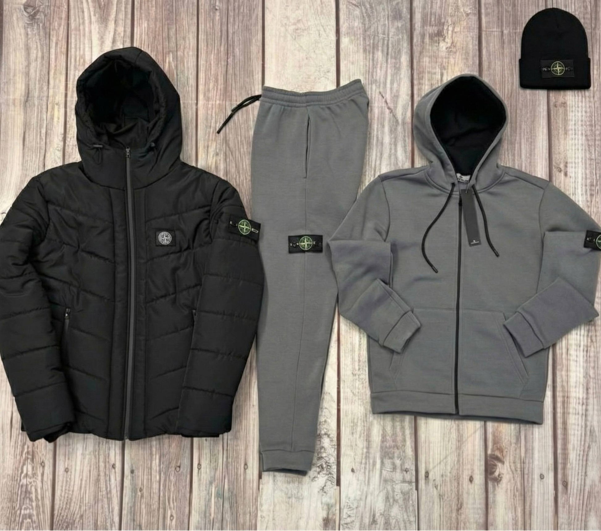 STONE™ Essential Winter Set – Puffer Jacket, Hoodie & Joggers, Beanie